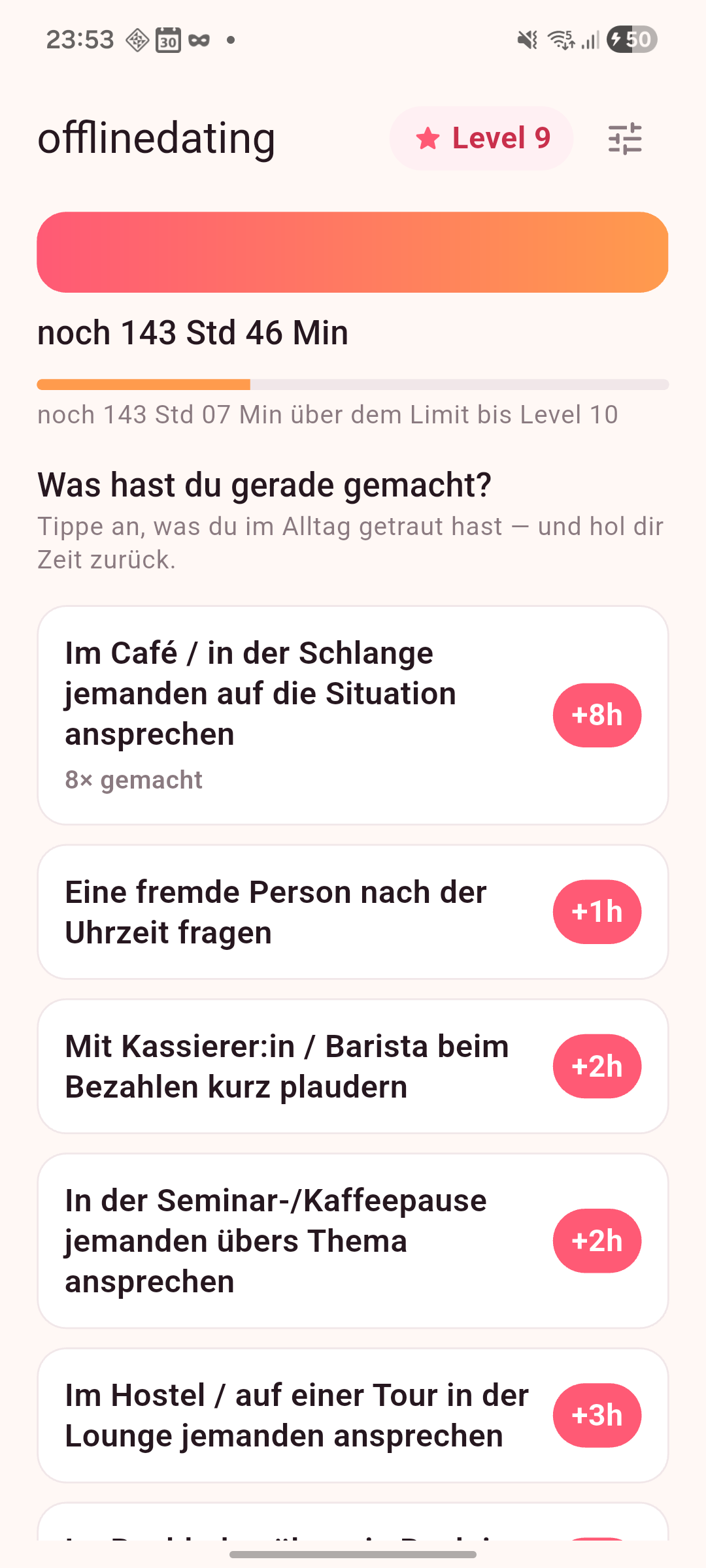 offlinedating App — die ablaufende Zeitleiste mit Aktionen